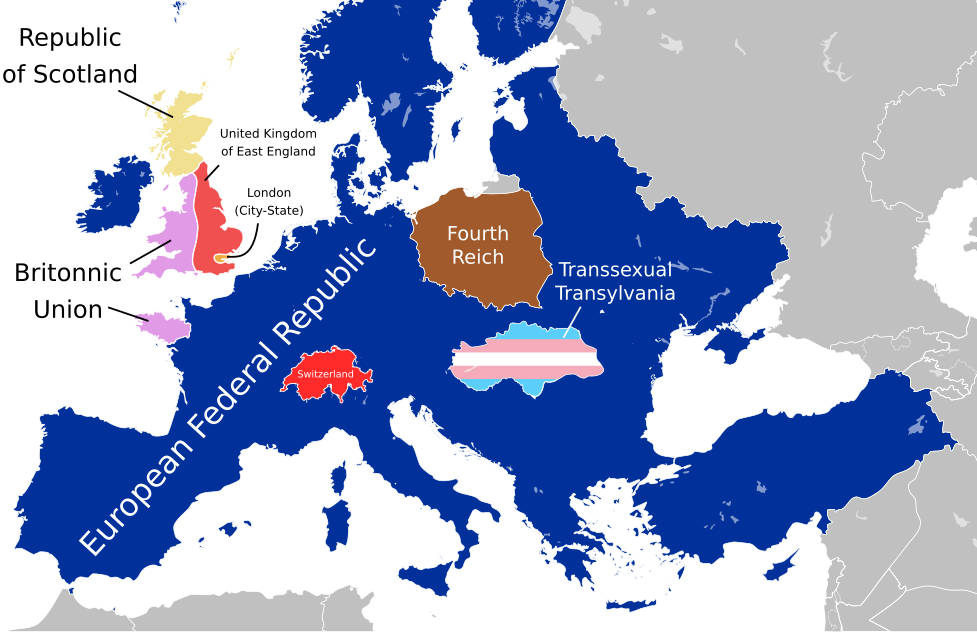 A map of Europe in which the EU has transformed 
		into the “European Federal Republic” and grown to include Norwary, 
		the former Yugoslav states, Turkey, Belarus, and Ukraine, including Crimea. 
		Poland is no longer included and is now “Fourth Reich.” A new country called
		“Transsexual Transylvania” appears in what is today Hungary and Western Romania.
		In the British Isles, Scotland and London have both become independent countries.
		Ireland has been reunited, and the Western half of England/Wales has broken off
		and, along with Brittany, has formed a new country called the “Brittonic Union.”
		The United Kingdom has been renamed “The United Kingdom of East England” on 
		account of its reduced territories.
		
