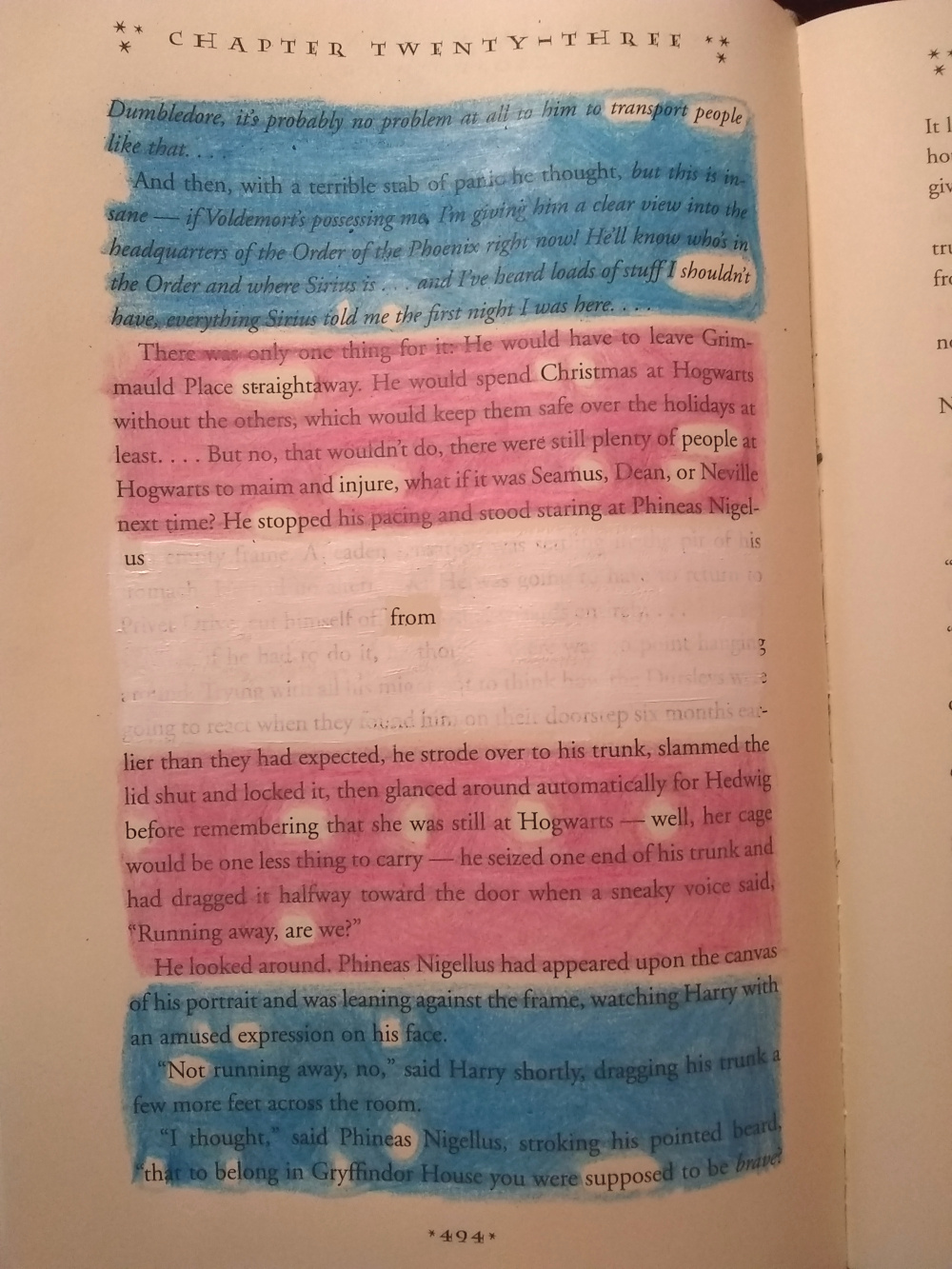 Page from Harry Potter and the Order 
	of The Phoenix with with a transgender flag covering all words except: 
	trans people shouldn't let straight cis people injure us or stop us
	from being who we are
